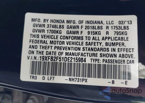 2013 Honda Civic Lx z USA, uszkodzony, nr VIN 19XFB2F51DE215984